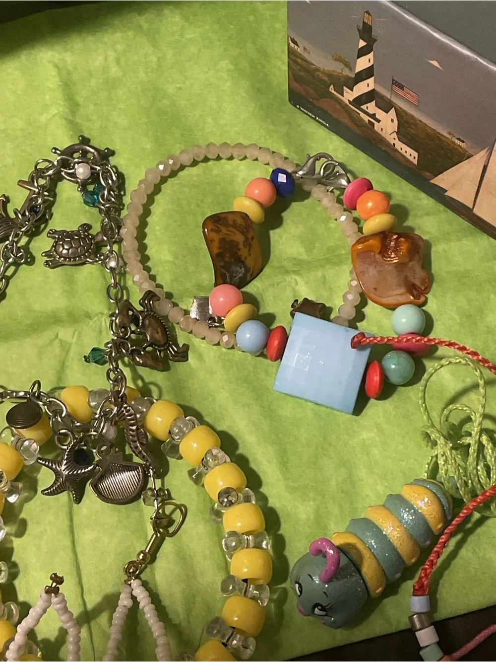 Colorful Mixed Children Bead and Silvertone bracelets, cord Necklaces